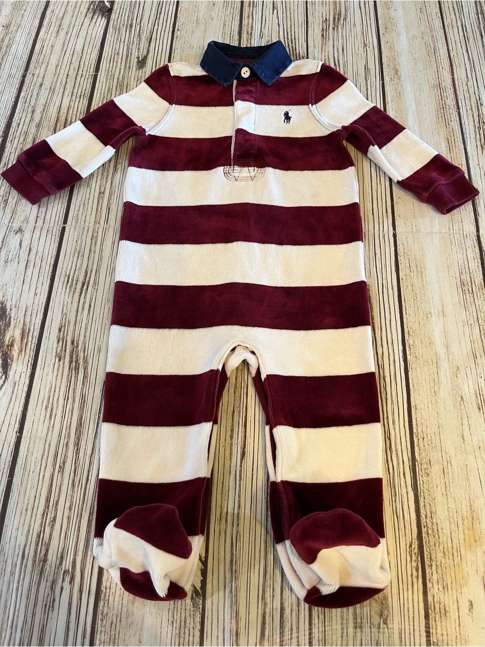 Ralph Lauren Soft Velour Romper Bodysuit Boy's 9 Months Pony Logo Maroon & Whi
